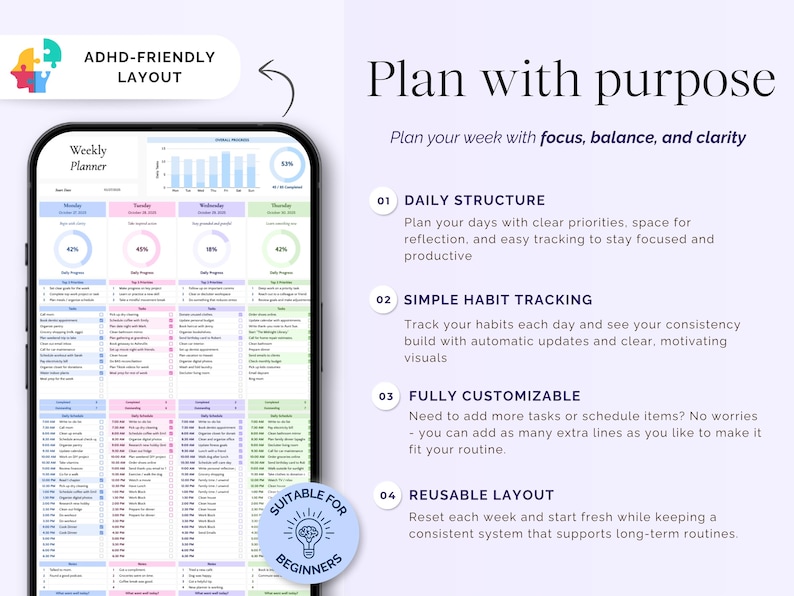 May include: A digital weekly planner displayed on a smartphone screen. The planner features a colorful layout with sections for daily tasks, habit tracking, and a customizable design. Text includes "ADHD-FRIENDLY LAYOUT" and "Plan with purpose".