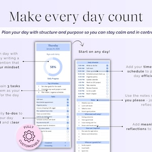 May include: A digital planner with a light purple background and the text "Make every day count." The planner includes sections for daily schedules, to-do lists, and notes. The text "Fully Customizable" is also visible.
