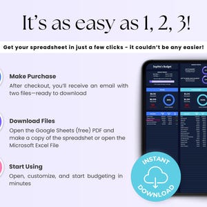 Peut inclure: Un graphique montrant les trois &eacute;tapes pour t&eacute;l&eacute;charger un tableur de budget. Les &eacute;tapes sont&nbsp;: 1. Effectuer un achat, 2. T&eacute;l&eacute;charger les fichiers et 3. Commencer &agrave; utiliser. Le graphique comprend &eacute;galement une capture d&rsquo;&eacute;cran d&rsquo;un exemple de tableur de budget et un bouton qui dit&nbsp;&laquo;&nbsp;T&eacute;l&eacute;chargement instantan&eacute;&nbsp;&raquo;.