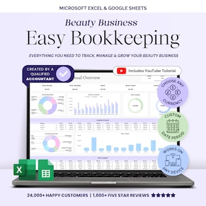 Easy Bookkeeping Spreadsheet Template for Beauty Business, Google Sheets Income Expense Tracker, Lash Tech Nail Tech Makeup Artist Budget