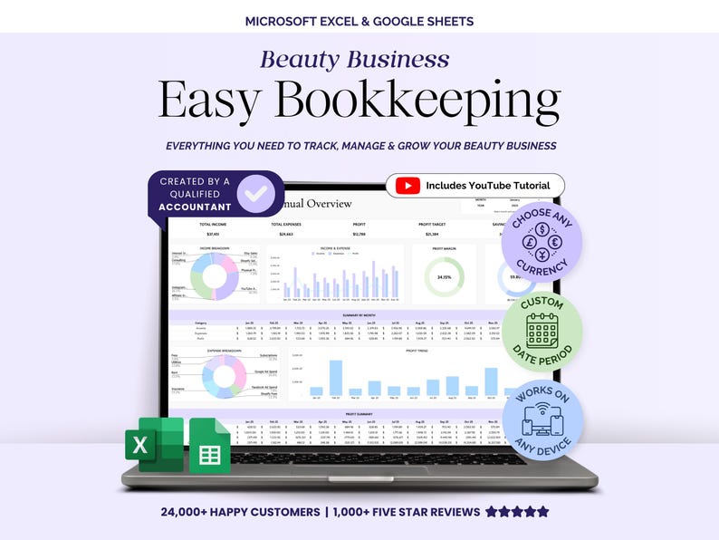 Easy Bookkeeping Spreadsheet Template for Beauty Business, Google ...