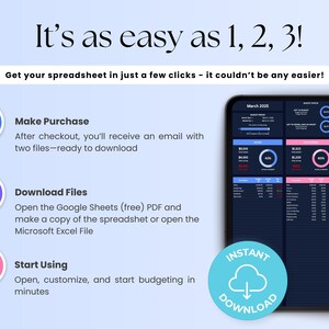 May include: A blue, pink, and white graphic with the text "It's as easy as 1, 2, 3!" and "Get your spreadsheet in just a few clicks - it couldn't be any easier!"  The graphic shows three steps to download a spreadsheet: Make Purchase, Download Files, and Start Using.  The graphic also includes a blue button with the text "INSTANT DOWNLOAD" and a cloud icon.