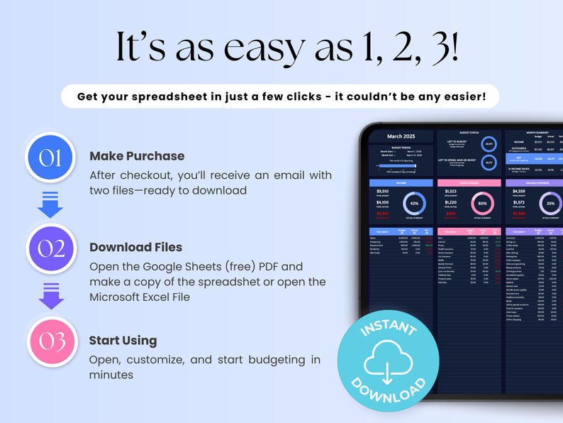 May include: A blue, pink, and white graphic with the text "It's as easy as 1, 2, 3!" and "Get your spreadsheet in just a few clicks - it couldn't be any easier!"  The graphic shows three steps to download a spreadsheet: Make Purchase, Download Files, and Start Using.  The graphic also includes a blue button with the text "INSTANT DOWNLOAD" and a cloud icon.