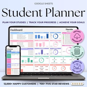 May include: A laptop computer displaying a Google Sheets spreadsheet with a student planner template. The spreadsheet has a dashboard and schedule tab. The laptop is on a white surface with a pink, green, and blue background. The text "Student Planner" is in a large font at the top of the image. The text "Plan your studies | Track your progress | Achieve your goals" is below the title. There are three icons below the laptop: a pink cloud with a download arrow, a green calendar with the text "Unique 7 Day Schedule", and a purple computer screen with the text "Works on Any Device".