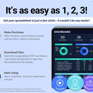 May include: A digital dashboard interface with the text "DASHBOARD" and data visualizations. The image includes the text "It's as easy as 1, 2, 3!" and instructions for purchasing, downloading, and using a spreadsheet. Icons for video tutorial, customer support, and written instructions are also present.