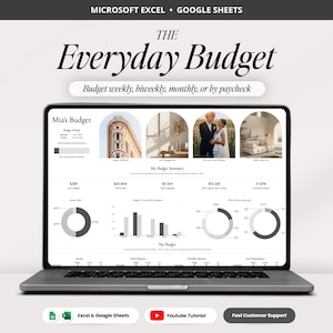 May include: A laptop screen displaying a digital budget planner titled The Everyday Budget for Microsoft Excel and Google Sheets. The interface features sections for budget summaries, financial charts, and expense tracking with various images.