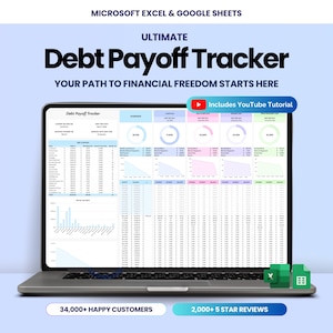 Puede incluir: Un ordenador portátil muestra una hoja de cálculo de seguimiento de pago de deudas. La pantalla muestra gráficos y tablas de datos con el texto "ULTIMATE Debt Payoff Tracker" y "YOUR PATH TO FINANCIAL FREEDOM STARTS HERE". Incluye un tutorial de YouTube.