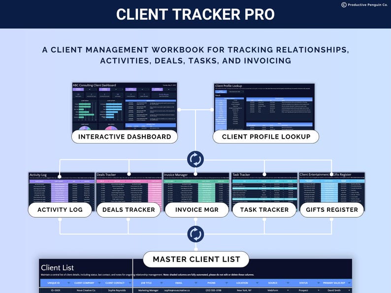 Puede incluir: Un libro de trabajo de gesti&oacute;n de clientes titulado "Client Tracker Pro" con un fondo azul claro. La imagen muestra varias secciones, incluyendo un panel interactivo, b&uacute;squeda de perfil de cliente, registro de actividad, etc.
