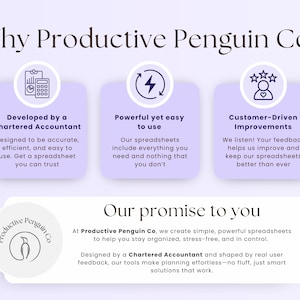 Peut inclure: Publicit&eacute; pour Productive Penguin Co. avec du texte et des graphiques sur fond blanc et violet. Le texte met en &eacute;vidence la promesse de l'entreprise de fournir des feuilles de calcul simples et puissantes con&ccedil;ues par un expert-comptable.
