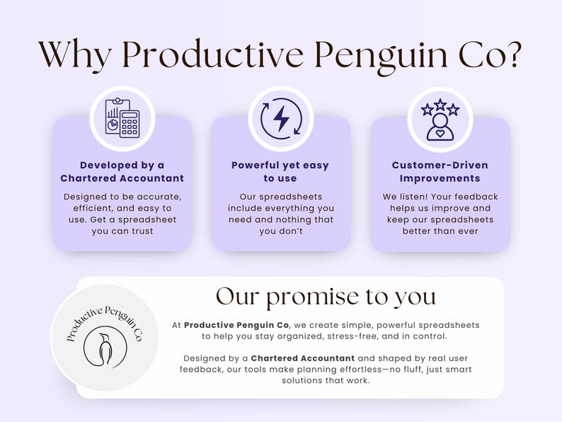 Peut inclure: Publicit&eacute; pour Productive Penguin Co. avec du texte et des graphiques sur fond blanc et violet. Le texte met en &eacute;vidence la promesse de l'entreprise de fournir des feuilles de calcul simples et puissantes con&ccedil;ues par un expert-comptable.