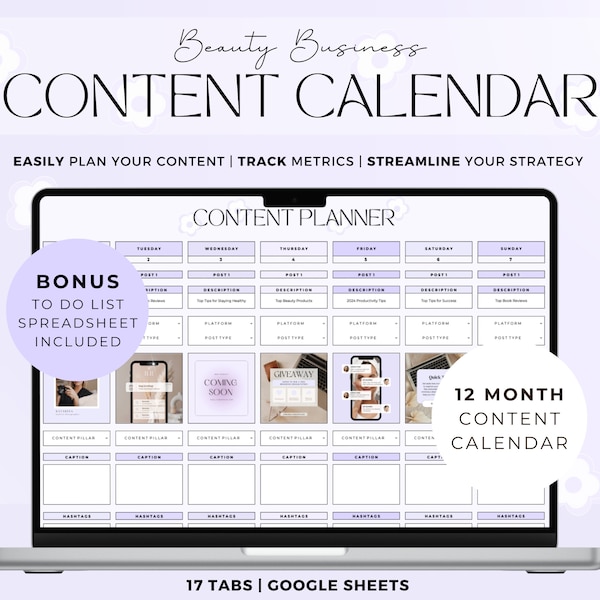 Content Planner Calendar Spreadsheet for Beauty Business, Google Sheets Social Media Planner Lash Tech Nail Tech Makeup Artist Instagram