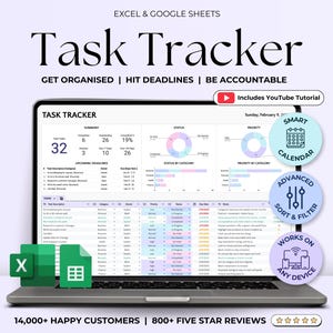 Task Tracker Spreadsheet Template, Task Management Google Sheets, To-Do List Productivity Organizer, Time Planner, Daily Weekly Monthly Plan