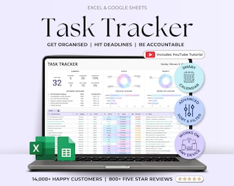 Task Tracker Spreadsheet Template, Task Management Google Sheets, To-Do List Productivity Organizer, Time Planner, Daily Weekly Monthly Plan