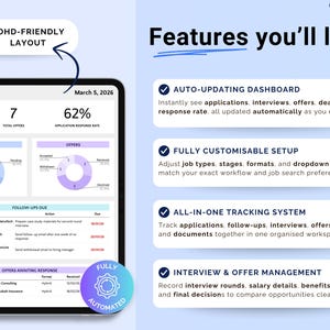 May include: A digital tablet displays a dashboard with data visualizations, including pie charts and lists. The screen shows the text "ADHD-FRIENDLY LAYOUT" and "Features you'll love." The interface includes sections for interviews, offers, and follow-ups, with a focus on job applications.