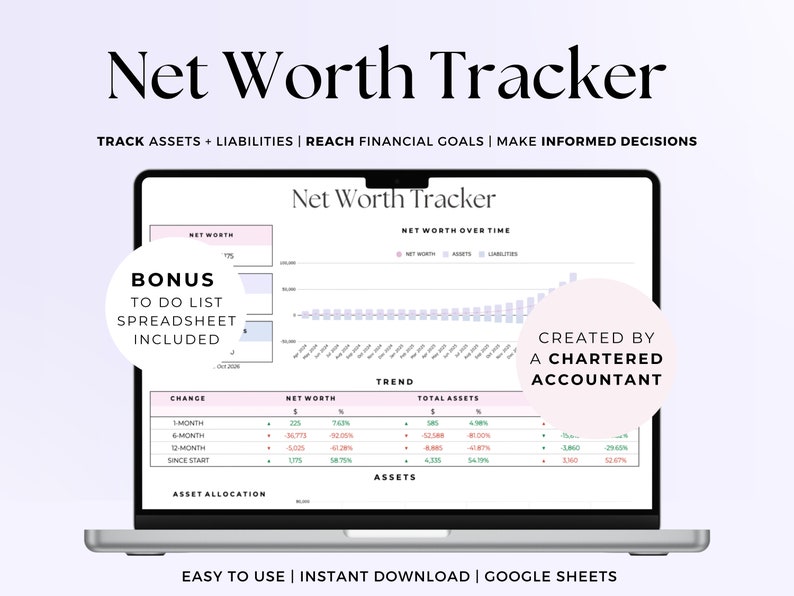 Net Worth Tracker Spreadsheet for Google Sheets, Annual Monthly Net