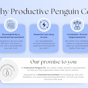 May include: A blue and white illustration of a penguin with the text "Productive Penguin Co."  The text "Why Productive Penguin Co?" is at the top of the image. Three blue boxes with white text describe the benefits of using the company's services. The text "Our promise to you" is at the bottom of the image. The text below "Our promise to you" describes the company's mission and values.