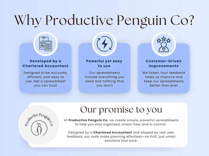 May include: A blue and white illustration of a penguin with the text "Productive Penguin Co."  The text "Why Productive Penguin Co?" is at the top of the image. Three blue boxes with white text describe the benefits of using the company's services. The text "Our promise to you" is at the bottom of the image. The text below "Our promise to you" describes the company's mission and values.