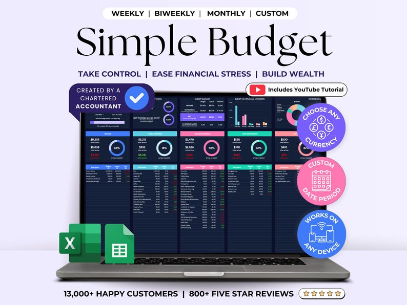 Peut inclure: Un ordinateur portable affichant une feuille de calcul avec un fond sombre et des graphiques color&eacute;s. La feuille de calcul est intitul&eacute;e "Simple Budget" et comprend le texte "Prendre le contr&ocirc;le", "R&eacute;duire le stress financier" et "Construire sa richesse". L'ordinateur portable est sur un fond blanc avec le texte "13 000+ clients satisfaits | 800+ avis cinq &eacute;toiles" en dessous.