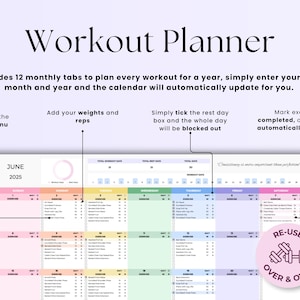 May include: A workout planner with the title "Workout Planner" in a stylish font. The planner includes 12 monthly tabs, with instructions to enter the start month and year. The planner features a calendar layout with exercise tracking and rest day indicators.