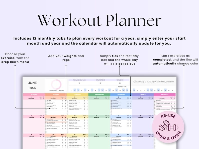 May include: A workout planner with the title "Workout Planner" in a stylish font. The planner includes 12 monthly tabs, with instructions to enter the start month and year. The planner features a calendar layout with exercise tracking and rest day indicators.