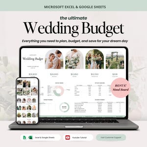 May include: A laptop and smartphone display a wedding budget template. The laptop screen shows a detailed budget breakdown with photos. The smartphone displays a mood board. Text includes "Wedding Budget" and "Everything you need to plan, budget, and save for your dream day."