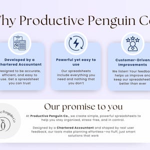 May include: A graphic with the text "Why Productive Penguin Co?" and three blue boxes with text. The boxes describe the company's spreadsheets as accurate, easy to use, and customer-driven. The company logo is a penguin.