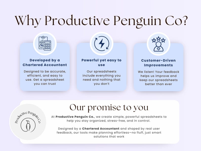 May include: A graphic with the text "Why Productive Penguin Co?" and three blue boxes with text. The boxes describe the company's spreadsheets as accurate, easy to use, and customer-driven. The company logo is a penguin.