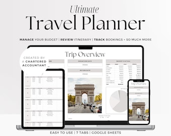 Travel Planner Spreadsheet, Digital Holiday Plan & Trip Itinerary Template Google Sheets, Packing List, Vacation Booking Planner, To do list