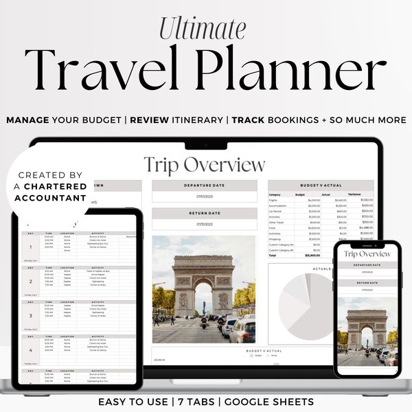 Reisplanner-spreadsheet, digitaal vakantieplan en reisroutesjabloon Google Spreadsheets, paklijst, vakantieboekingsplanner, takenlijst