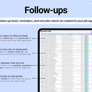 May include: A digital tablet displays a spreadsheet titled "Follow-ups" with data entries and color-coded columns. The screen shows text including "Track follow-up tasks" and "Link tasks to applications." A graphic includes the text "Includes Custom Columns."