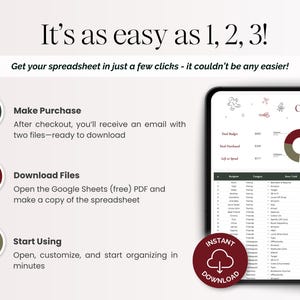 以下が含まれることがあります： It's as easy as 1, 2, 3!というタイトルのデジタルスプレッドシートの3ステップ手順を示す説明図。番号付きの円、矢印、およびグラフとデータテーブルを含むクリスマスギフトトラッカーが表示されたタブレット画面が描かれています。