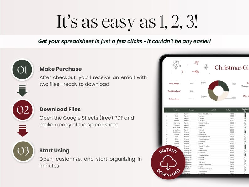 以下が含まれることがあります： It's as easy as 1, 2, 3!というタイトルのデジタルスプレッドシートの3ステップ手順を示す説明図。番号付きの円、矢印、およびグラフとデータテーブルを含むクリスマスギフトトラッカーが表示されたタブレット画面が描かれています。