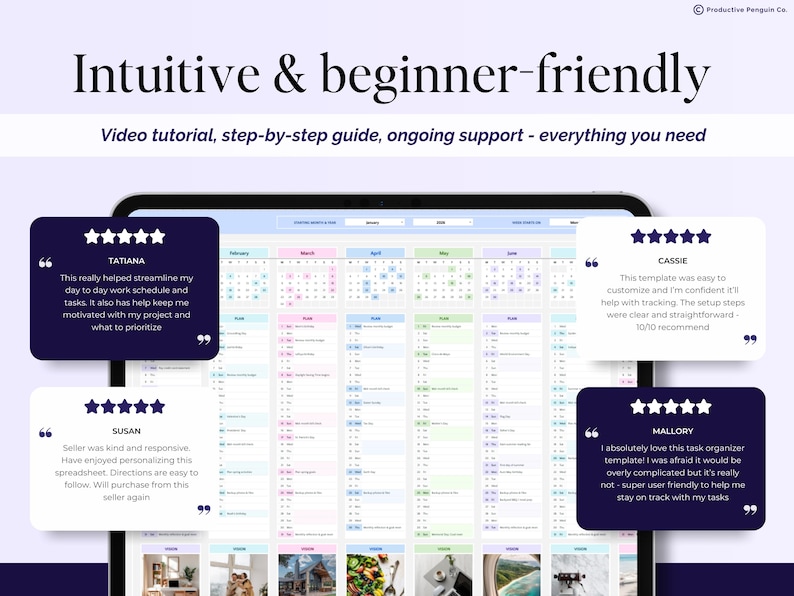 May include: A digital planner displayed on a tablet screen, featuring a calendar layout with pastel color-coded sections. The text reads "Intuitive & beginner-friendly" and includes customer reviews. The planner offers video tutorials and support.