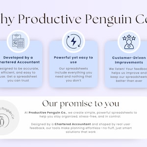 May include: A promotional graphic for Productive Penguin Co. features text and icons on a light purple background. The text highlights the company's spreadsheet features, including accuracy, ease of use, and customer-driven improvements.
