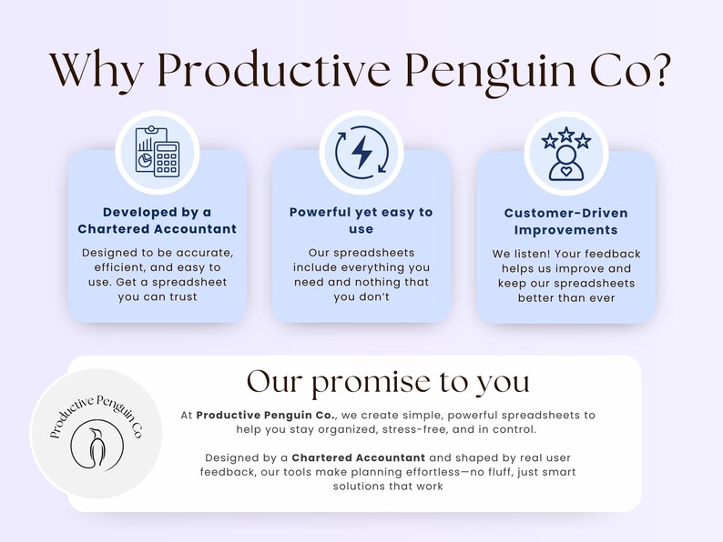 May include: A promotional graphic for Productive Penguin Co. features text and icons on a light purple background. The text highlights the company's spreadsheet features, including accuracy, ease of use, and customer-driven improvements.