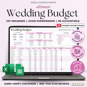 Tracker del budget per matrimoni Fogli Google Planner per spese di matrimonio Excel Modello digitale per matrimoni Foglio di calcolo Elenco dei costi per matrimoni Budget facile