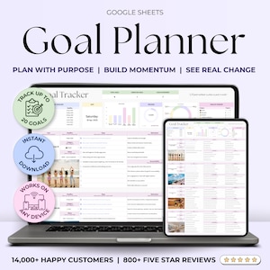May include: A laptop computer displaying a Google Sheets spreadsheet titled "Goal Tracker". The spreadsheet is a goal planner with sections for tracking progress, setting deadlines, and visualising goals. The laptop is on a light purple background with text that reads "Google Sheets Goal Planner Plan with Purpose | Build Momentum | See Real Change Track Up To 20 Goals Instant Download Works On Any Device 14,000+ Happy Customers | 800+ Five Star Reviews ".