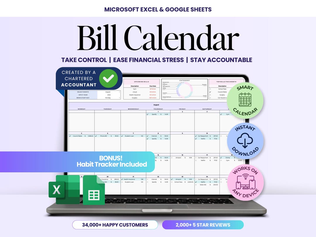 Bill Tracker Spreadsheet Google Sheets Bill Calendar Excel Editable ...