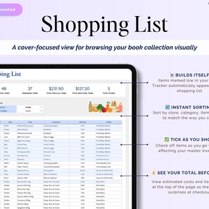 May include: A digital shopping list on a tablet, showing item details, quantities, and prices. Features include sorting options and a total cost display. The screen displays the text "Shopping List". The image also includes the text "Fully Automated".