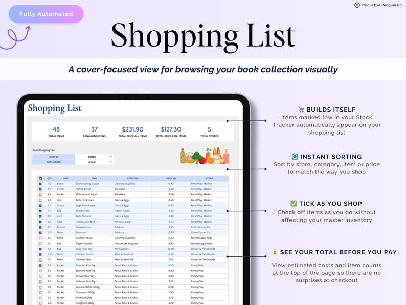 May include: A digital shopping list on a tablet, showing item details, quantities, and prices. Features include sorting options and a total cost display. The screen displays the text "Shopping List". The image also includes the text "Fully Automated".