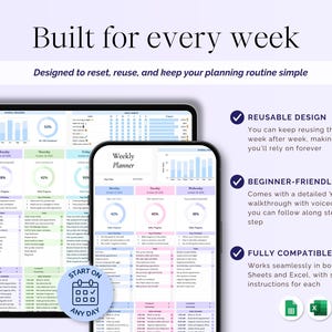 May include: Digital weekly planner displayed on a tablet and smartphone. The planner features a clean layout with charts and lists, and the text "Built for every week" is at the top. The design is reusable and beginner-friendly.
