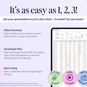 May include: An infographic with the text "It's as easy as 1, 2, 3!" detailing spreadsheet usage. The steps are purchase, download files, and start using. A tablet shows a spreadsheet. Icons for customer support, video tutorial, and written instructions are included.