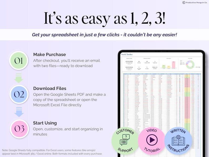 May include: An infographic with the text "It's as easy as 1, 2, 3!" detailing spreadsheet usage. The steps are purchase, download files, and start using. A tablet shows a spreadsheet. Icons for customer support, video tutorial, and written instructions are included.