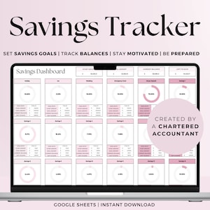 Puede incluir: Un ordenador portátil que muestra una hoja de cálculo de Google Sheets titulada "Panel de control de ahorros". La hoja de cálculo está diseñada para ayudar a los usuarios a realizar un seguimiento de sus objetivos de ahorro. La hoja de cálculo tiene un esquema de color rosa y blanco e incluye una barra de progreso para cada objetivo de ahorro. El texto "CREADO POR UN CONTABLE COLEGIADO" se muestra en un círculo rosa en el lado derecho de la pantalla. El texto "GOOGLE SHEETS | DESCARGA INSTANTÁNEA" se muestra en la parte inferior de la pantalla.