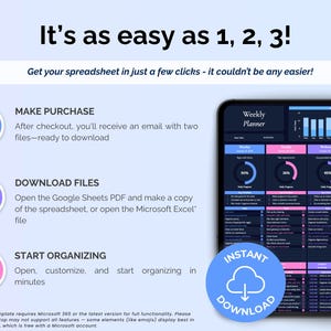 May include: A digital product advertisement with the text "It's as easy as 1, 2, 3!" and instructions for purchasing, downloading, and organizing a weekly planner spreadsheet. The image includes a tablet displaying the planner and a blue "Instant Download" badge.