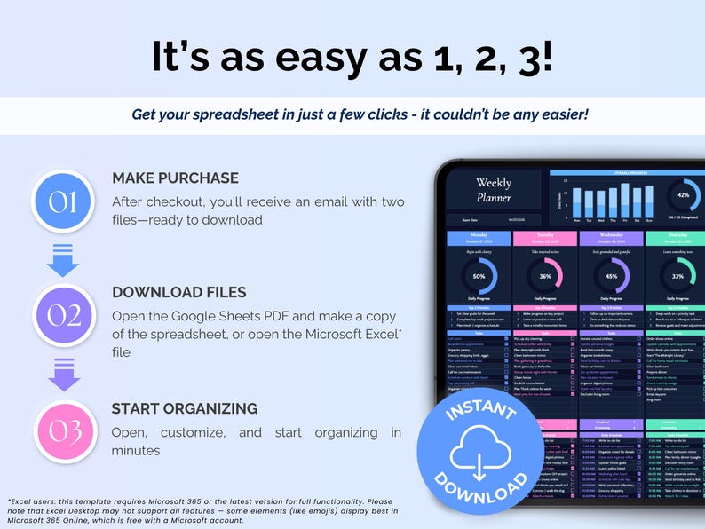 May include: A digital product advertisement with the text "It's as easy as 1, 2, 3!" and instructions for purchasing, downloading, and organizing a weekly planner spreadsheet. The image includes a tablet displaying the planner and a blue "Instant Download" badge.