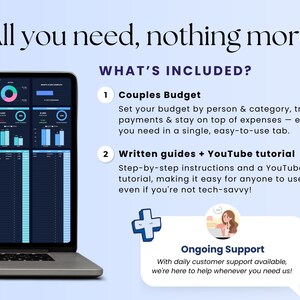 May include: A laptop displaying a budget management interface with charts and data. The image includes text: "All you need, nothing more" and "Couples Budget". Additional text highlights written guides, YouTube tutorials, and ongoing support.