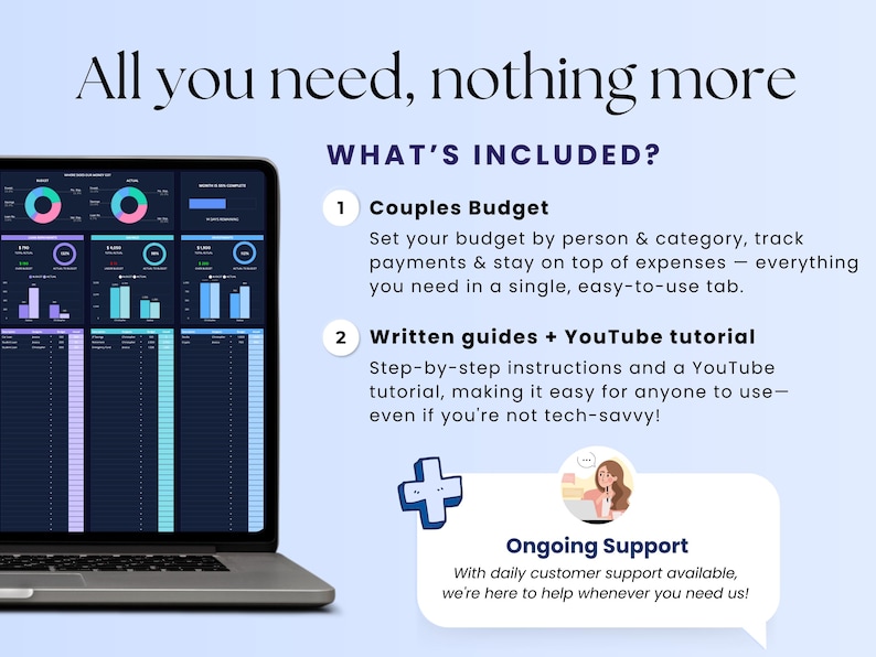May include: A laptop displaying a budget management interface with charts and data. The image includes text: "All you need, nothing more" and "Couples Budget". Additional text highlights written guides, YouTube tutorials, and ongoing support.