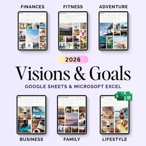 May include: A digital planner titled "Visions & Goals 2026" for Google Sheets and Microsoft Excel. The image shows six tablets with different themes: Finances, Fitness, Adventure, Business, Family, and Lifestyle. Each tablet displays a collage of images.