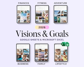May include: A digital planner titled "Visions & Goals 2026" for Google Sheets and Microsoft Excel. The image shows six tablets with different themes: Finances, Fitness, Adventure, Business, Family, and Lifestyle. Each tablet displays a collage of images.